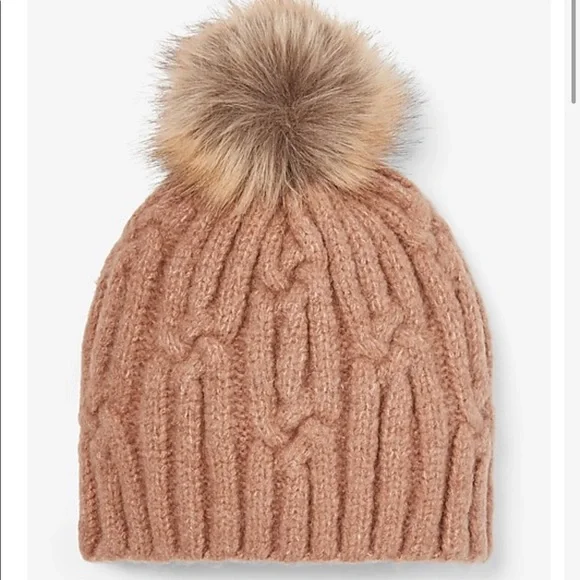 New Express Soft Pom Beanie Brown Tan Women Cable Knit Soft Winter Warm Hat - Picture 2 of 5